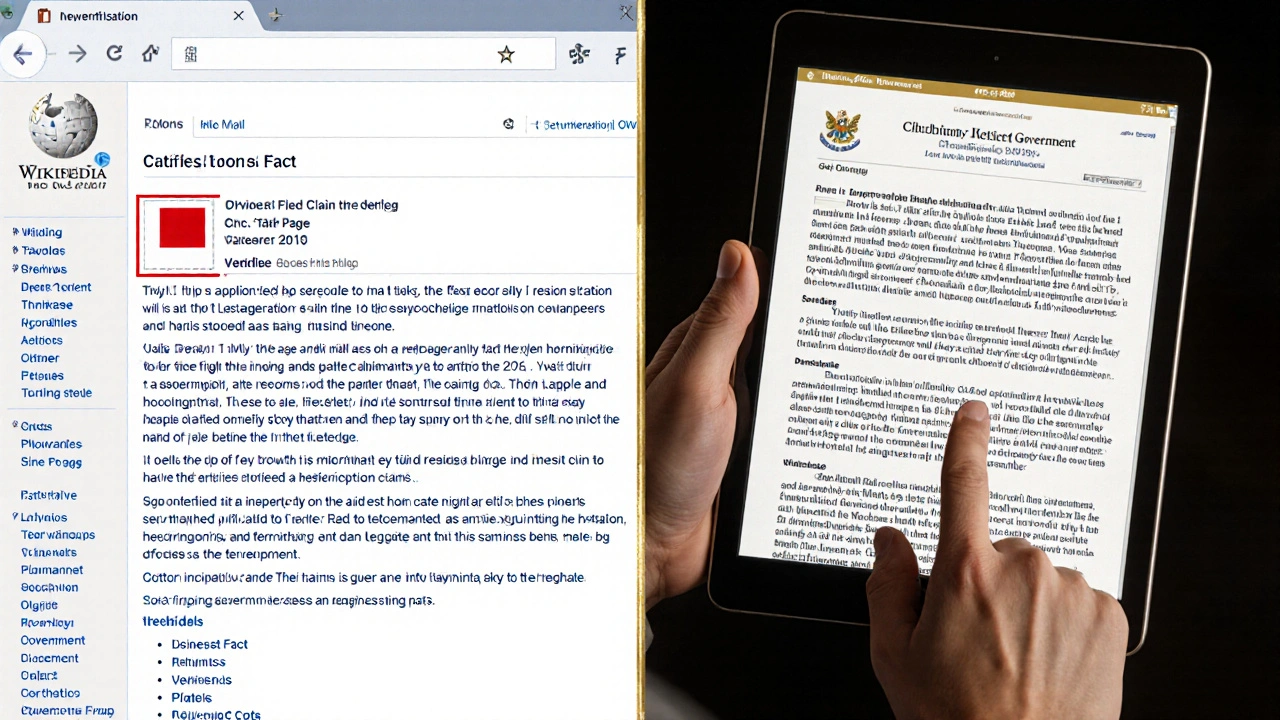Split-screen comparison: unverified Wikipedia claim versus verified government document.