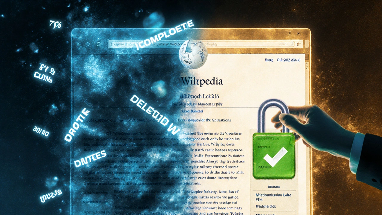 Split-screen: unstable Wikipedia page fading vs. stabilized version with revision ID and timestamp.