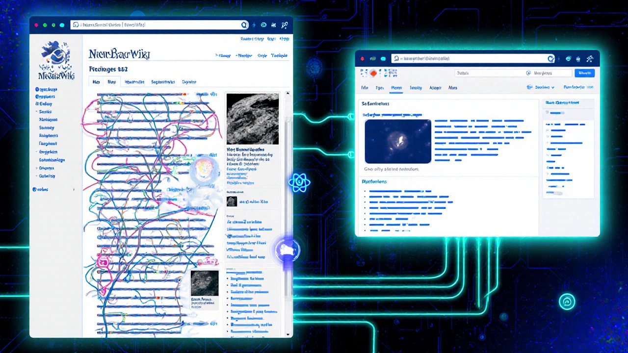 Split-screen visualization of MediaWiki's evolution from legacy PHP code to modern React.js frontend.