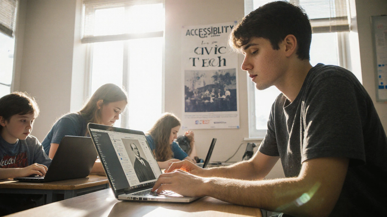 Student adding alt text to a historical image on Wikipedia with classmates assisting in a classroom.