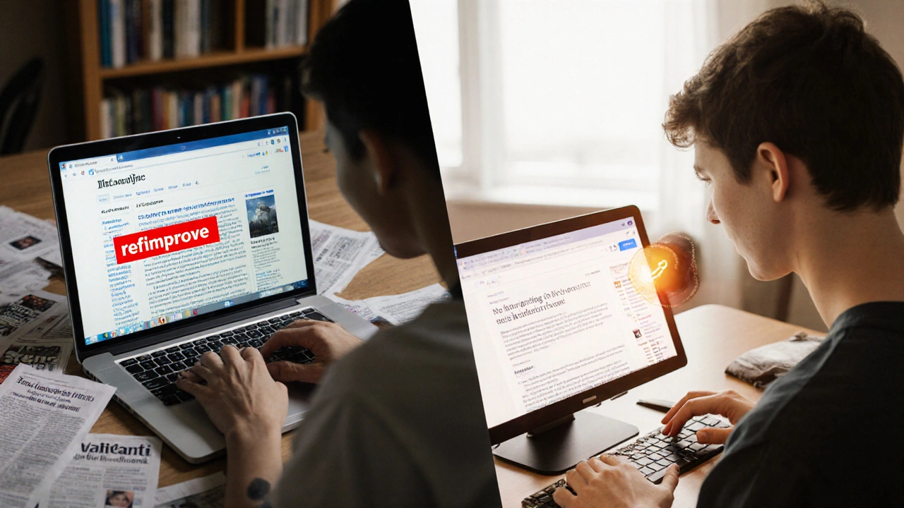 Student comparing weak sources on left to peer-reviewed journal on right, with Wikipedia signposts visible on screen.