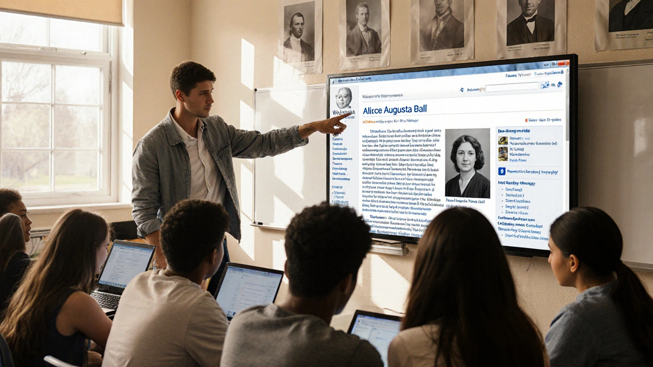 Students and a professor collaboratively improving Wikipedia articles about scientists in a classroom.