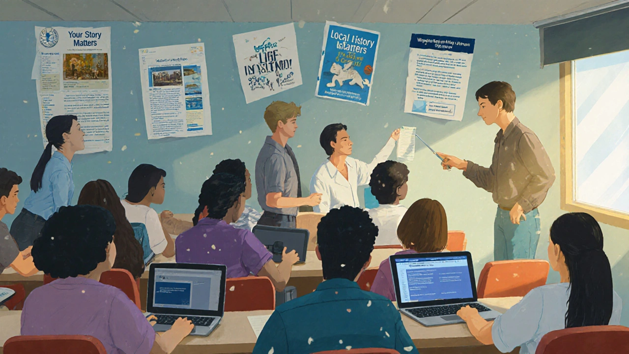 Students in a rural college classroom learning to edit Wikipedia articles about local history.