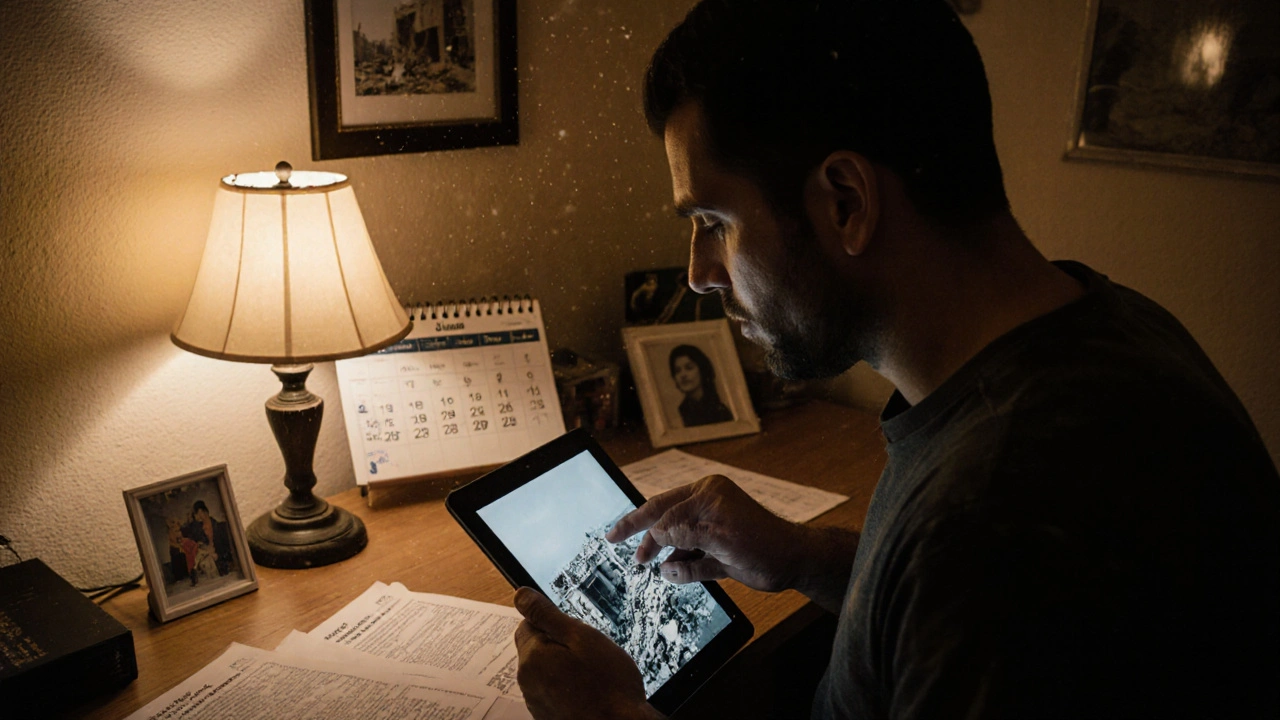 Syrian photojournalist labeling his war photos with free license documents in a modest home office.