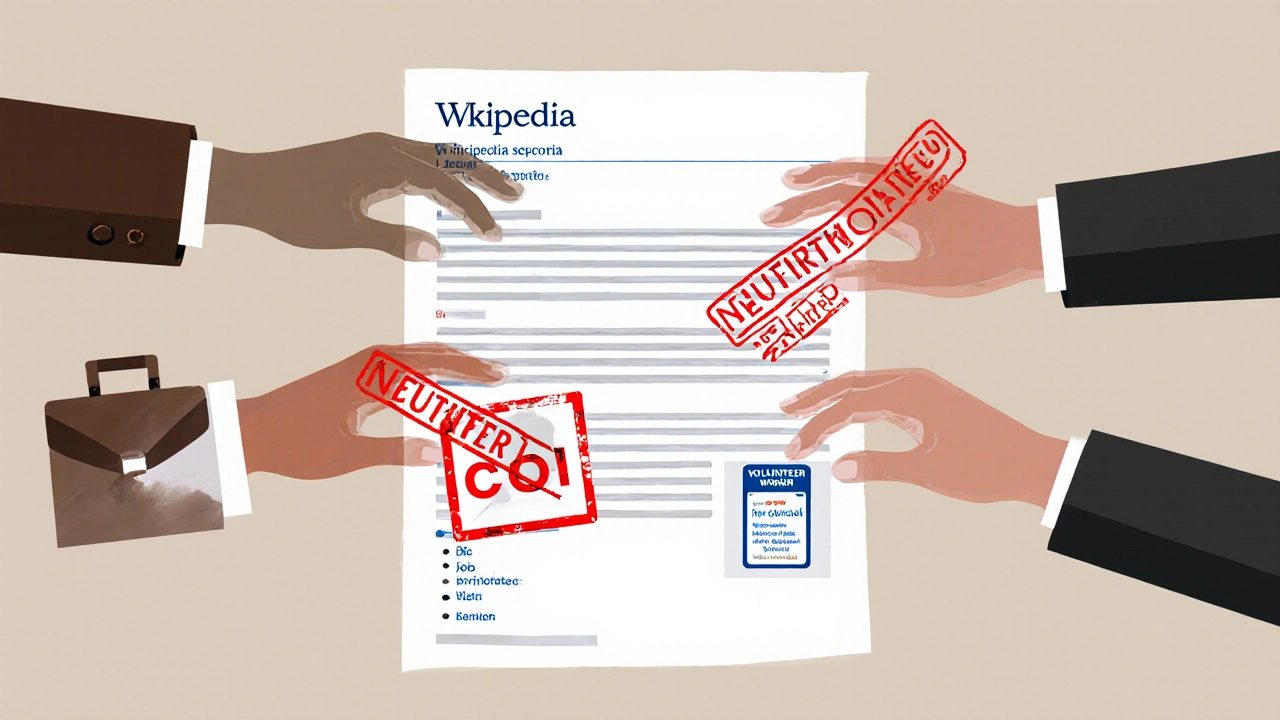 Three hands with professional affiliations blocked by COI stamps, while a neutral hand adds a verified source.