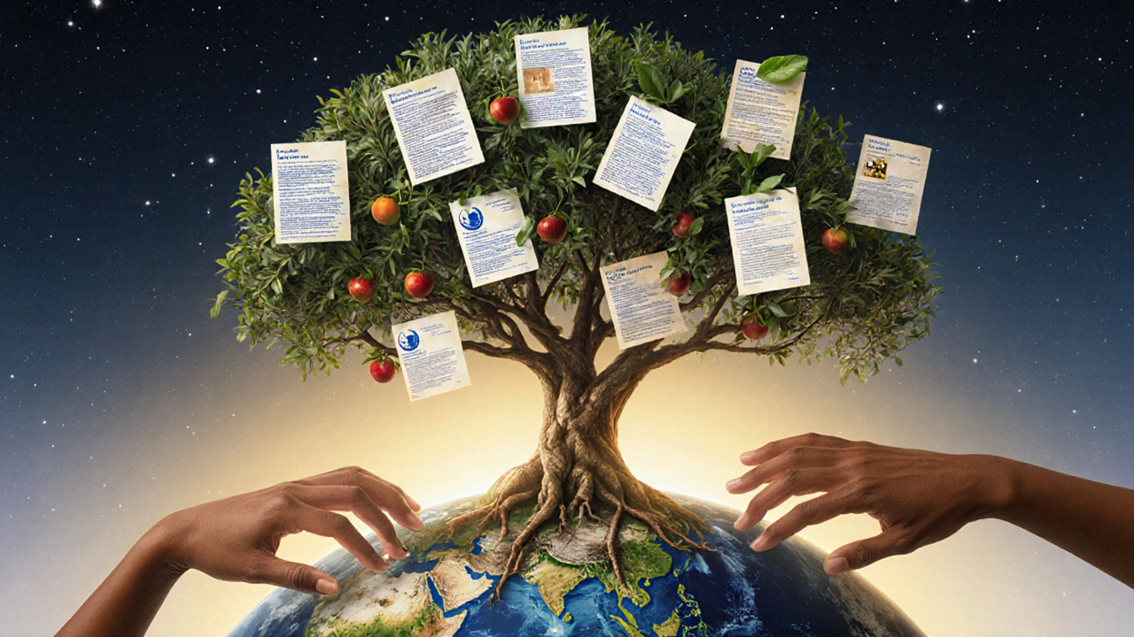Tree growing from a globe with Wikipedia articles as fruit, tended by hands of diverse backgrounds.