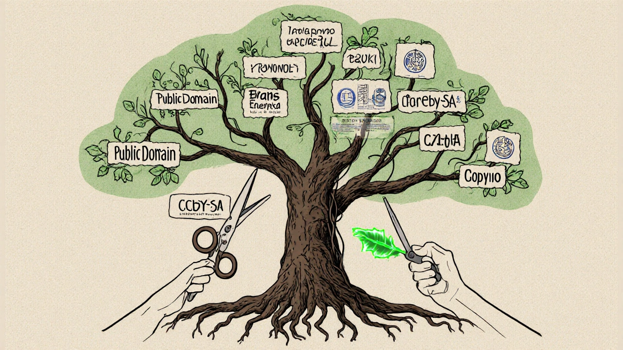 Tree with legal licensing roots and copyvio vines being cut away, symbolizing original content creation.