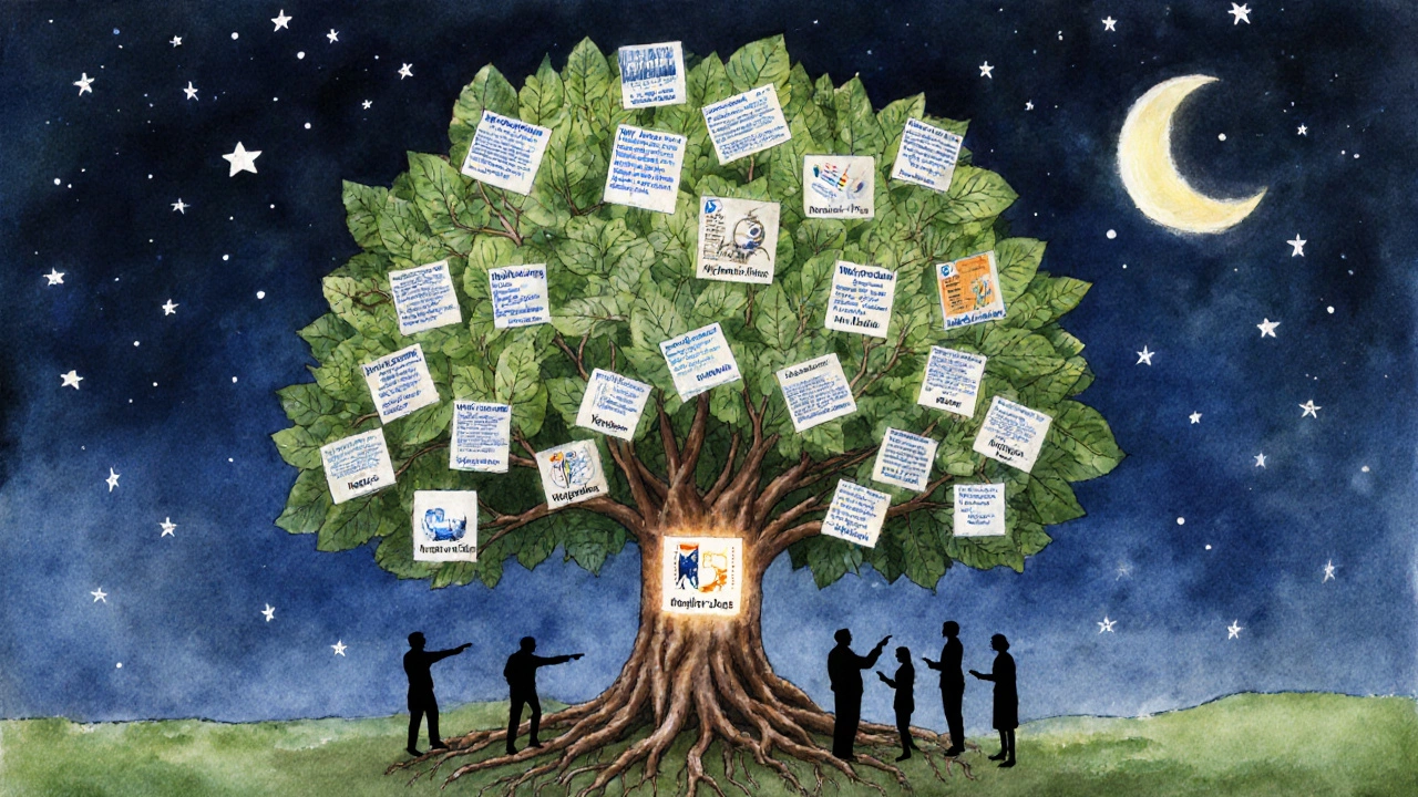 Tree with roots named after WikiProjects, each branch ending in Wikipedia articles under a starry sky.