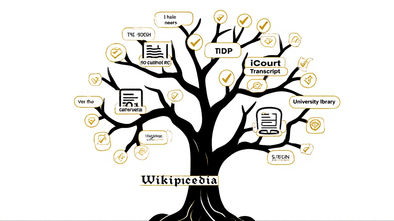 Tree with Wikipedia roots and branches leading to verified sources like CDC and IPCC.