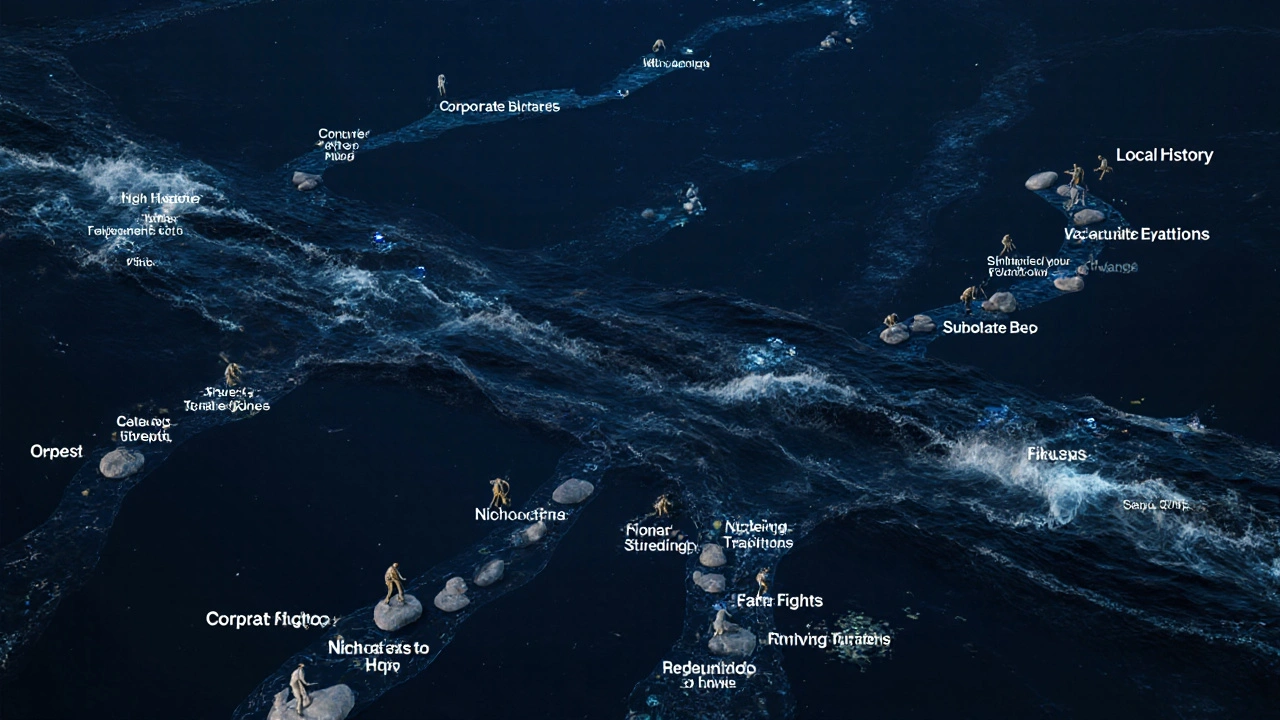 Two data rivers flow toward different Wikipedia topics—one corporate, one community-driven.