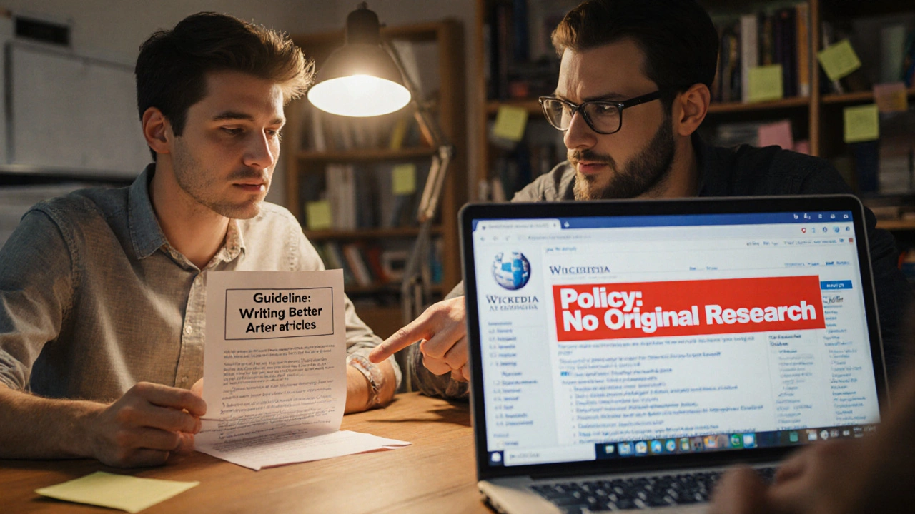 Two editors at a table, one confused by a guideline, the other explaining a policy on a laptop screen.
