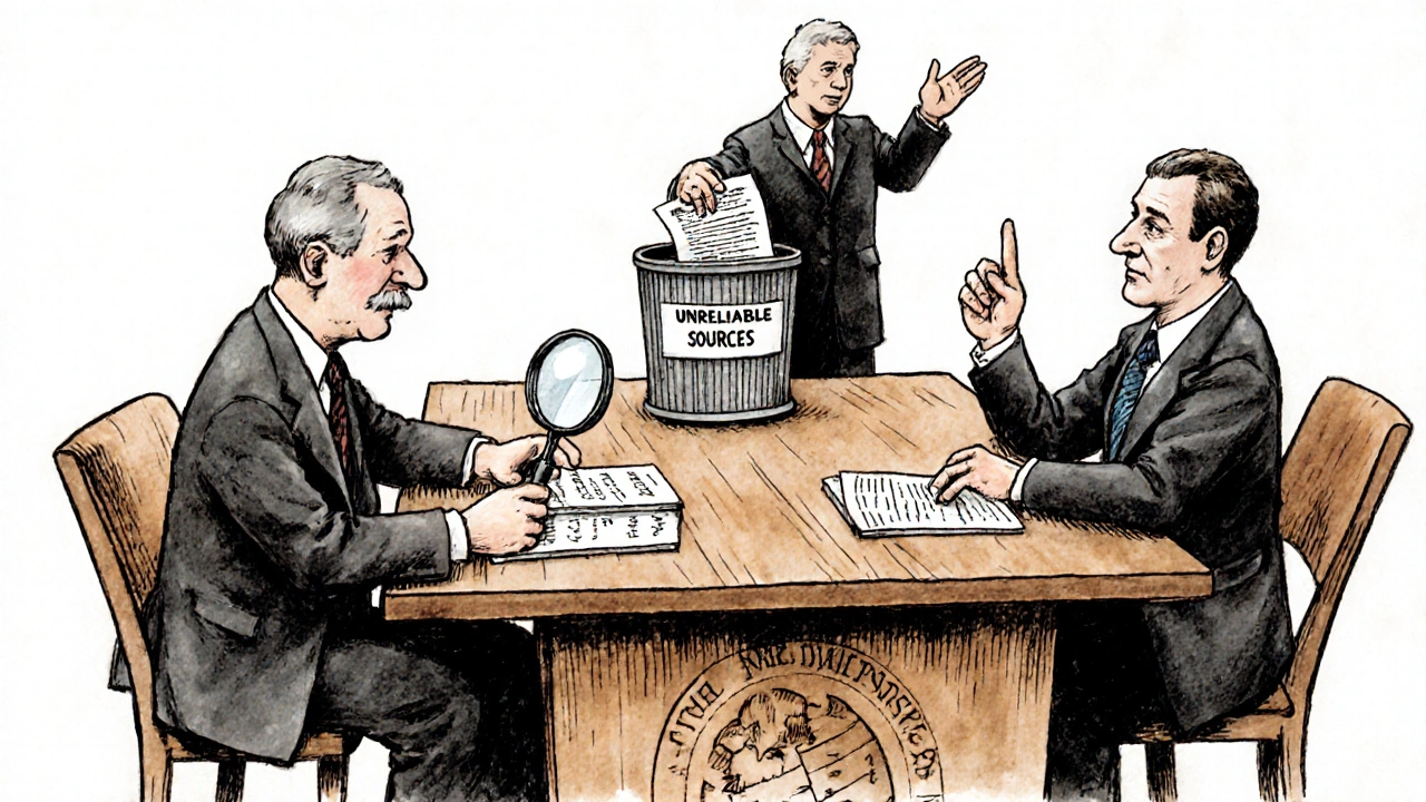 Two editors debating at a table with sources and a trash bin for unreliable references, in cartoon style.