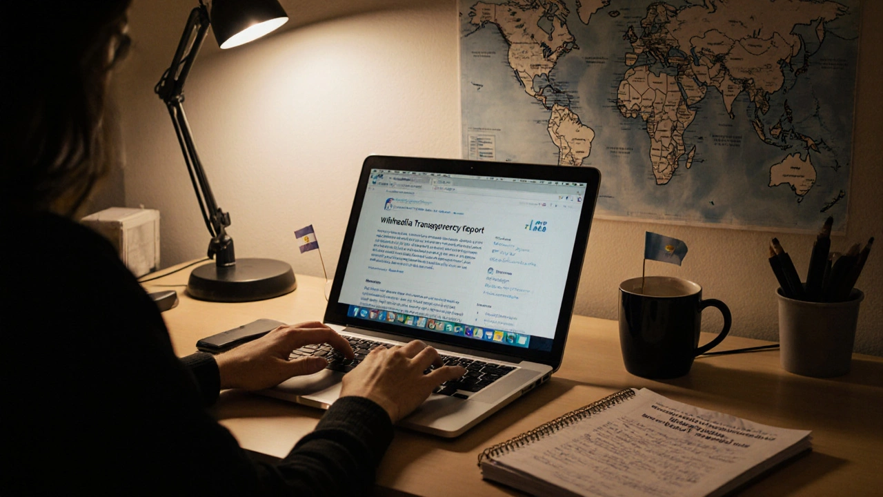 Volunteer working late at home, reviewing Wikipedia transparency reports with global censorship map on wall.