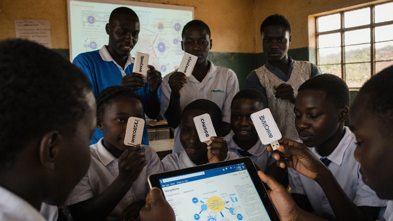 Volunteers sharing offline Wikipedia on USB drives with children in a rural Kenyan classroom.