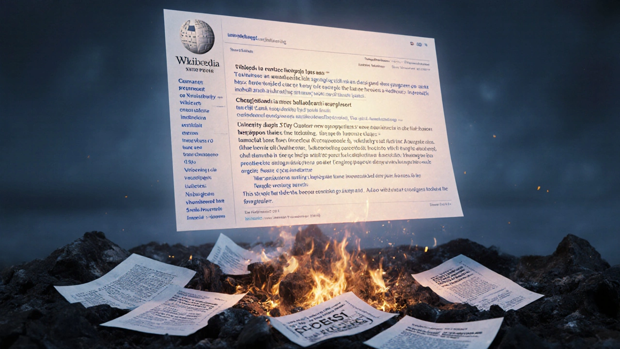Wikipedia article surrounded by credible sources, promotional text burning away.