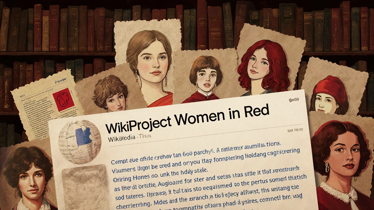 Wikipedia article tagged by WikiProject Women in Red, surrounded by historical female figures from archival sources.