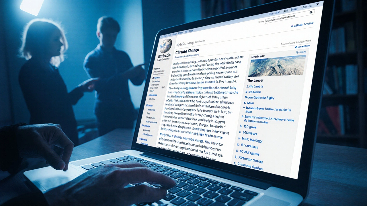 Wikipedia climate change article on a laptop, showing majority science text and a labeled dissent section, with researchers verifying sources.