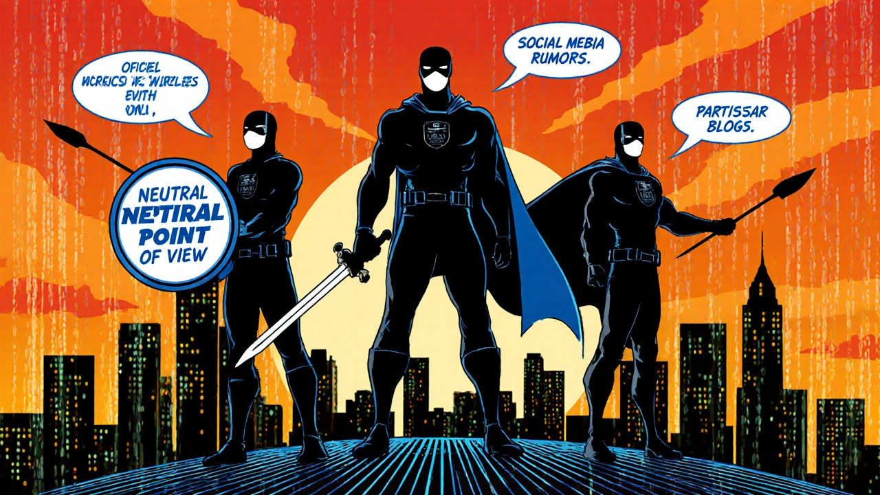 Wikipedia editors as superheroes defending election accuracy against misinformation.