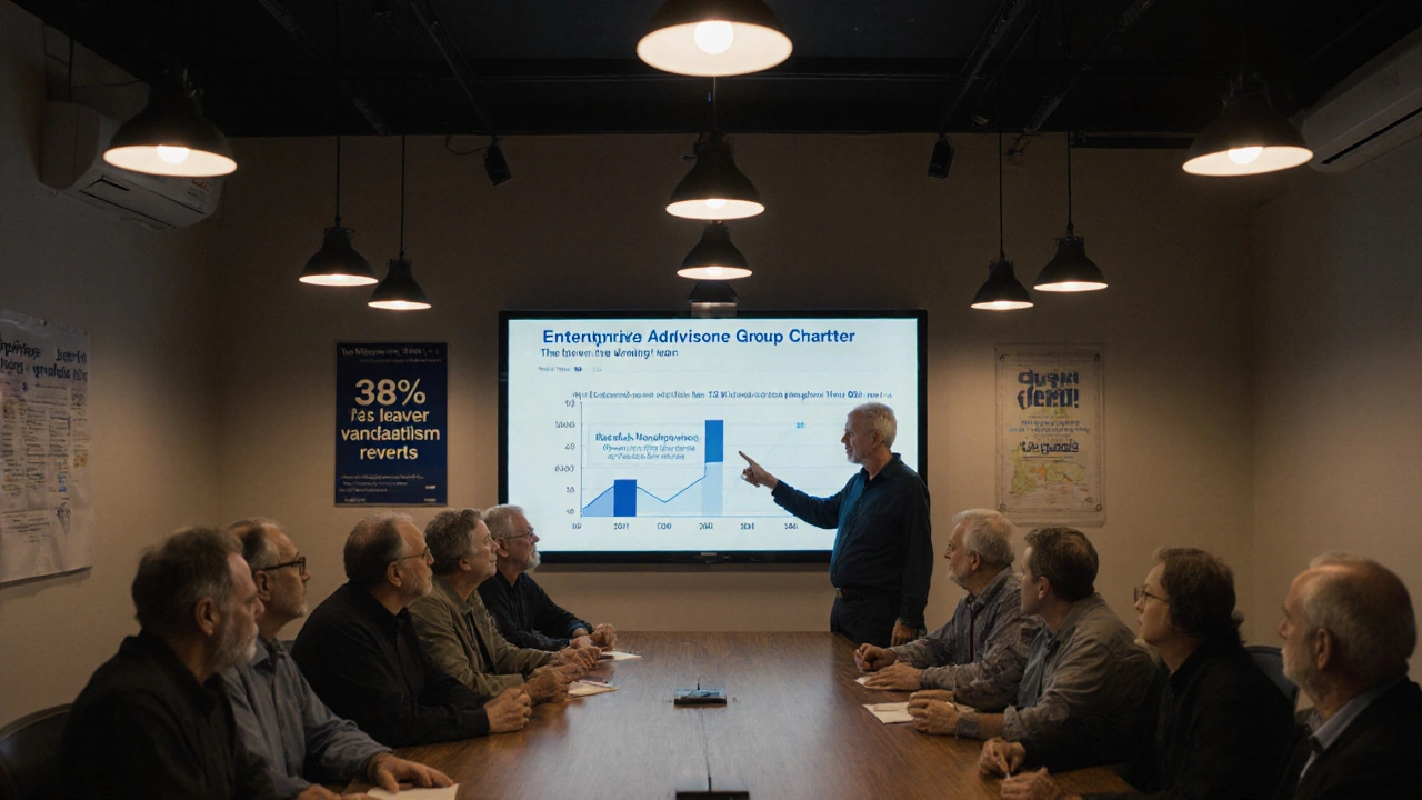 Wikipedia editors in a meeting reviewing Enterprise revenue transparency data at a wooden table.