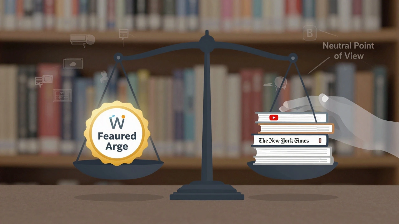 A balanced scale weighing a Featured Article badge against reliable sources, with unreliable sources being pushed away.