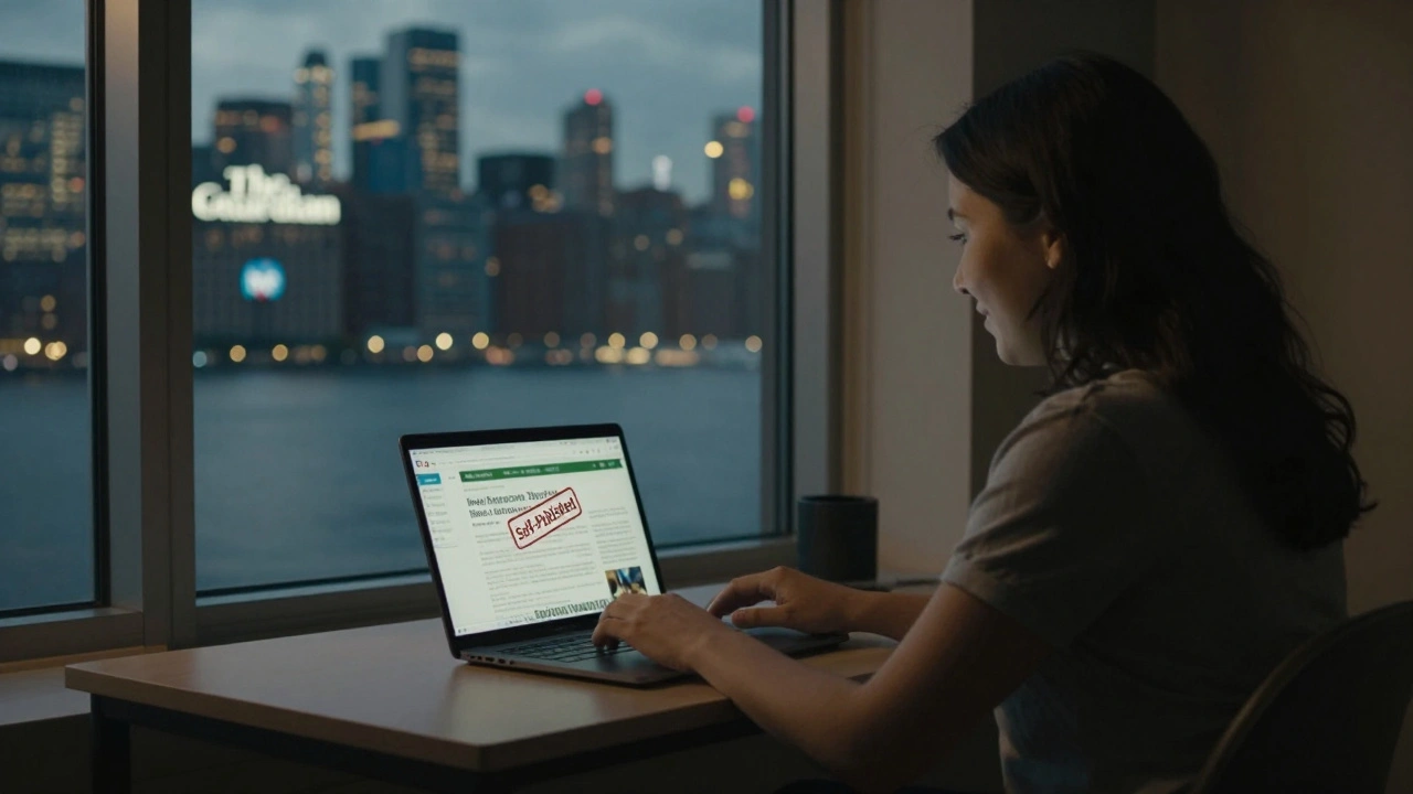 A blogger at a window, looking toward distant news outlets publishing their research.