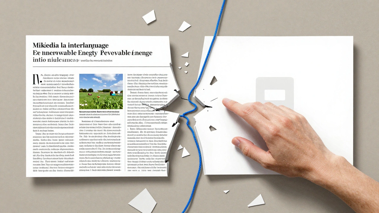 A broken blue link between a detailed article and an empty page, with a hand repairing it.