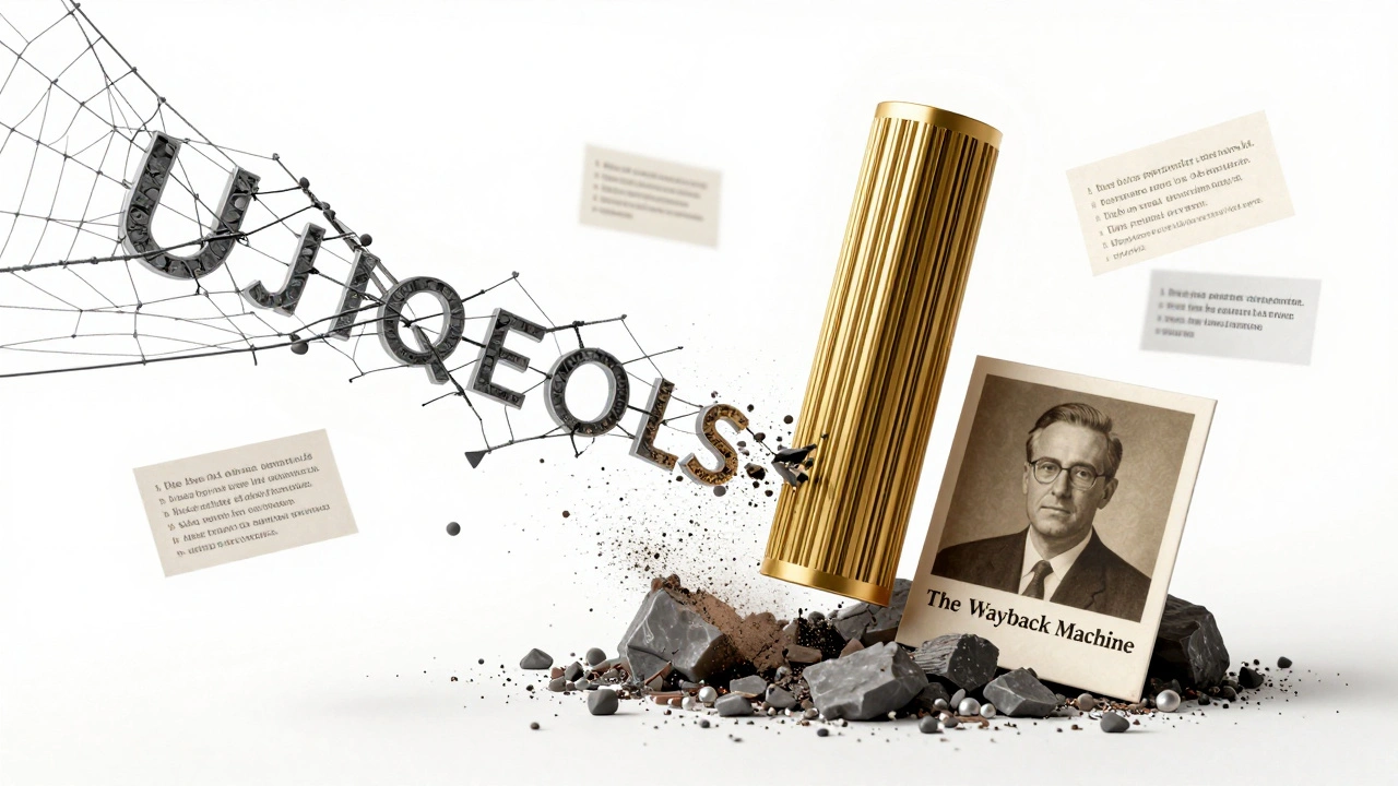 A broken URL dissolving as a DOI and archive link emerge from the debris.