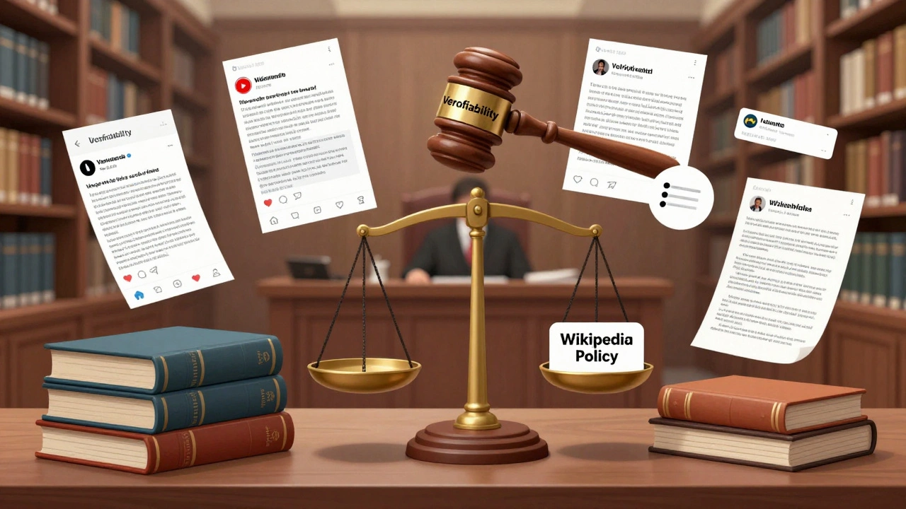 A courtroom scale weighing self-published content against peer-reviewed journals and official reports.
