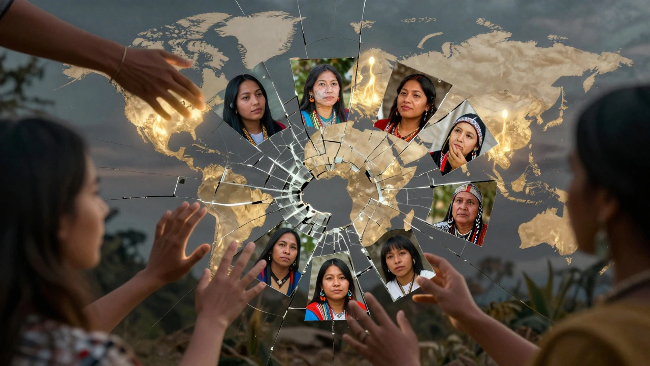 A cracked mirror reflecting fragmented faces, replaced by vibrant portraits of underrepresented people.