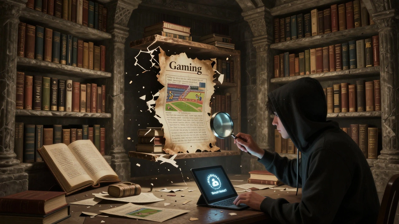 A crumbling gaming history shelf in a glowing library, with an editor reconstructing lost esports data from fragments.