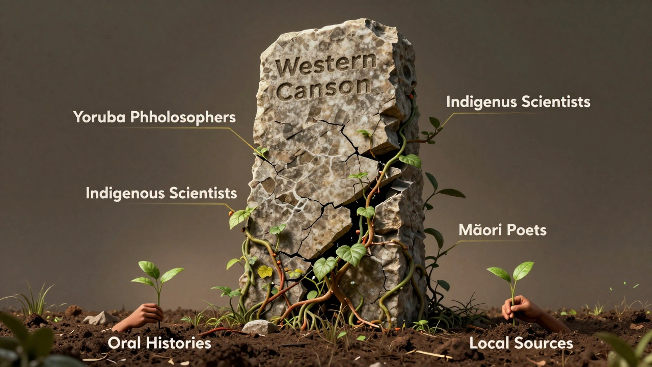 A crumbling monument of Western history cracked open by growing vines of underrepresented cultures and knowledge sources.