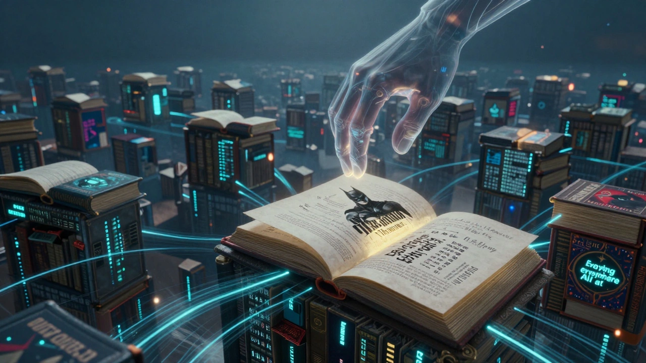 A data-library of films with glowing books showing detailed edits, symbolizing cultural archiving.