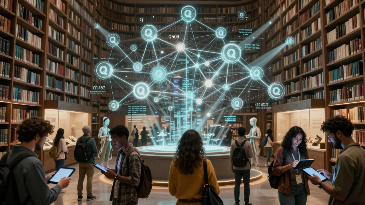 A digital library where books become data nodes connected in a vast, evolving knowledge web.