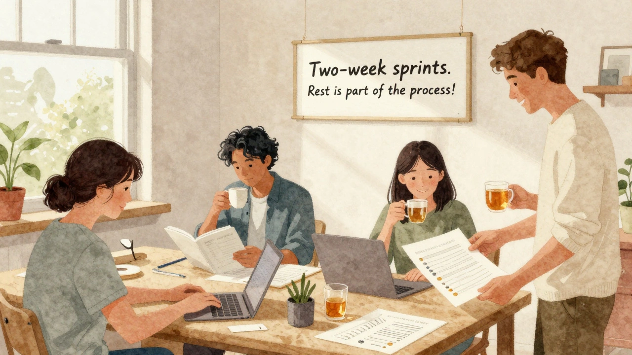 A diverse group of volunteers collaborating calmly in a bright, welcoming space with a rest policy sign.