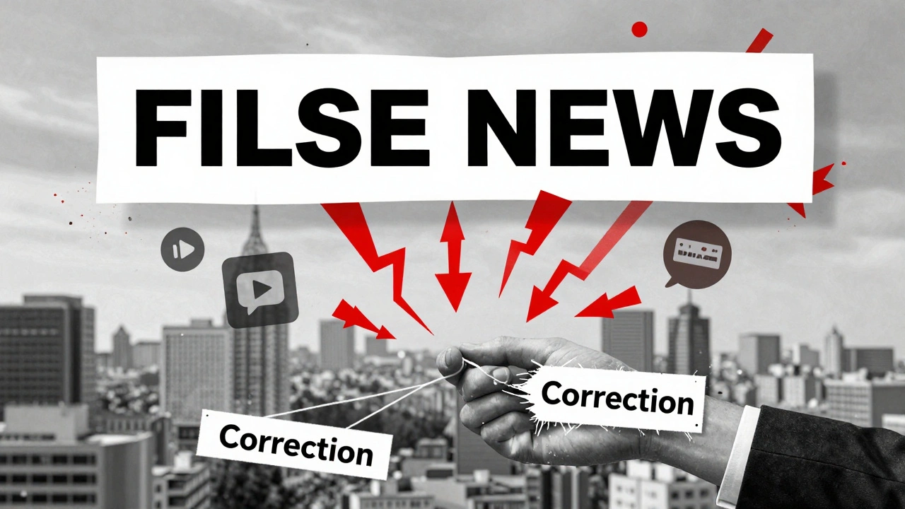 A false news headline spreading like wildfire through digital networks, while a correction thread breaks apart.