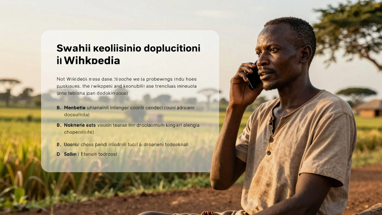 A farmer in Kenya speaking into a phone while AI translates and formats his Swahili contribution to Wikipedia with linked international articles.