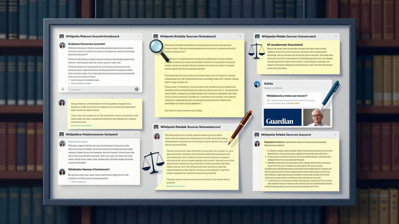 A floating digital noticeboard displaying Wikipedia source debates, with icons representing evidence and evaluation.