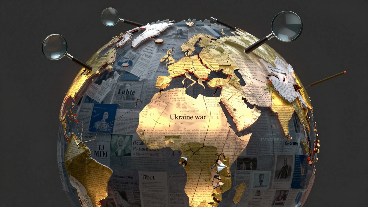 A fractured globe made of Wikipedia pages, with missing or censored topics glowing red.
