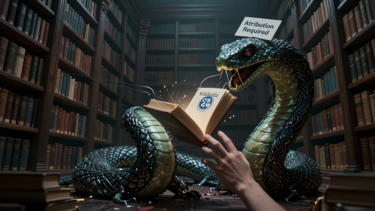 A giant AI serpent consuming Wikipedia books, while a hand tries to place an 'Attribution Required' sign on it.
