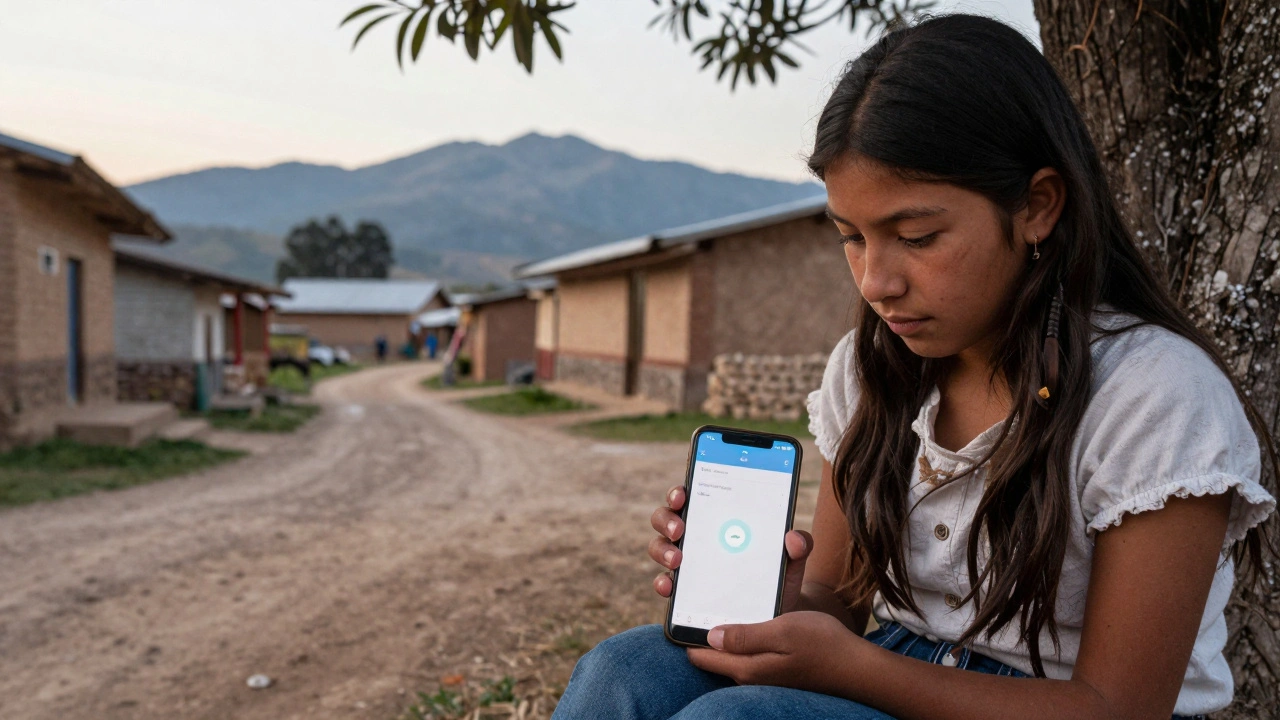 A girl drafting a Wikipedia edit offline under a tree in rural Peru.