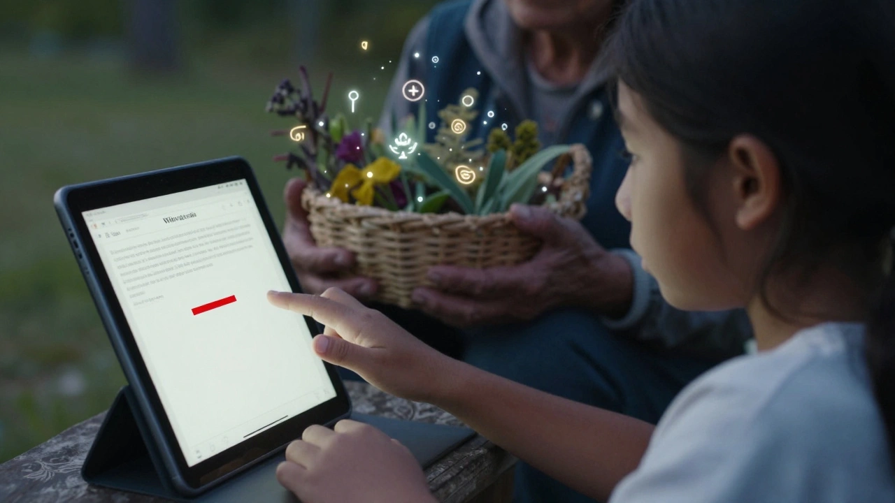 A girl staring at an empty Wikipedia page while her grandmother holds medicinal plants, stories glowing in the air around them.