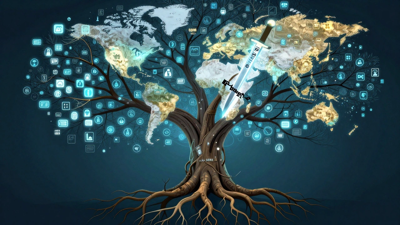 A global knowledge tree with edit icons and a severed SOPA branch, symbolizing community resistance to censorship.