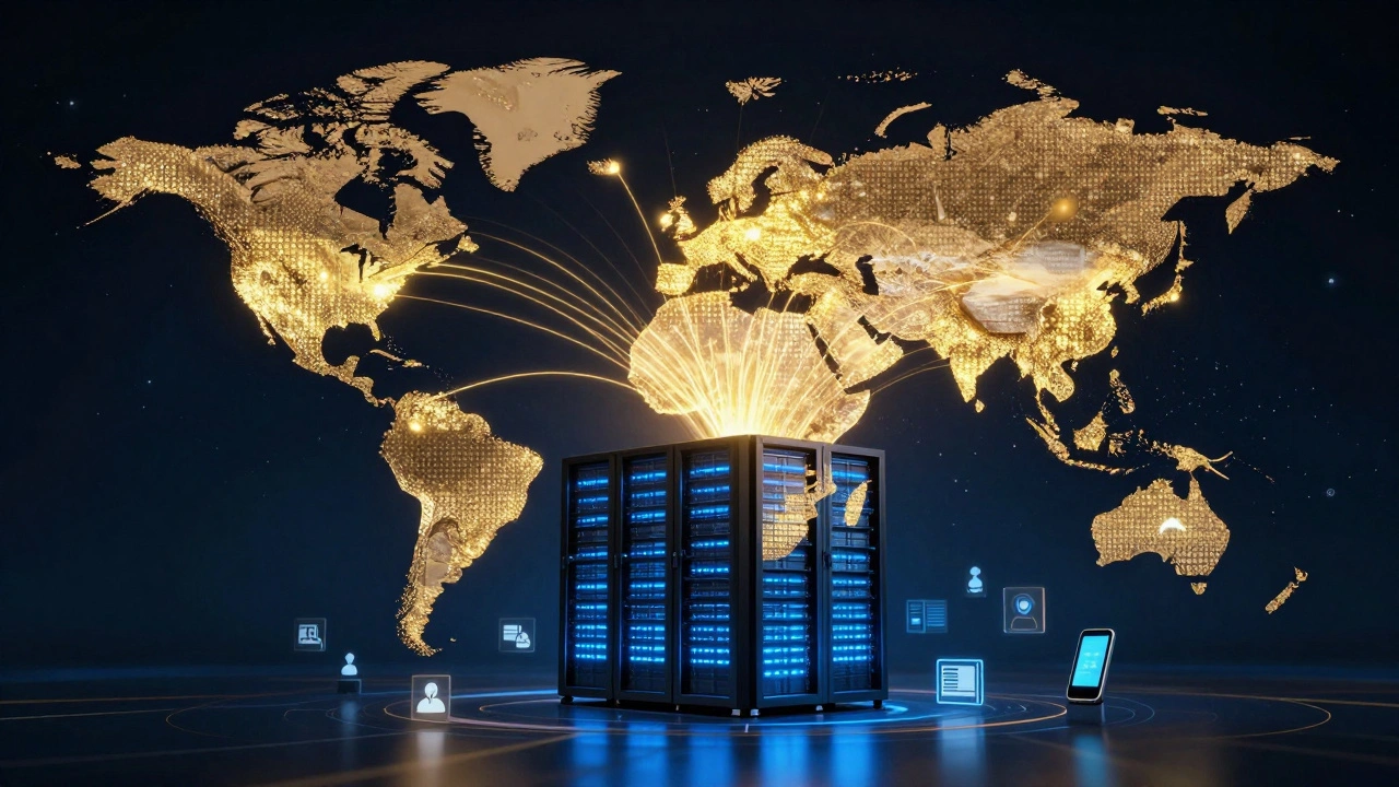 A global map showing donation flows to a central server farm with digital icons.