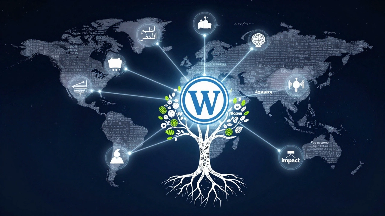 A global network of languages and regions connected to Wikipedia, symbolizing diversity and impact through glowing links.