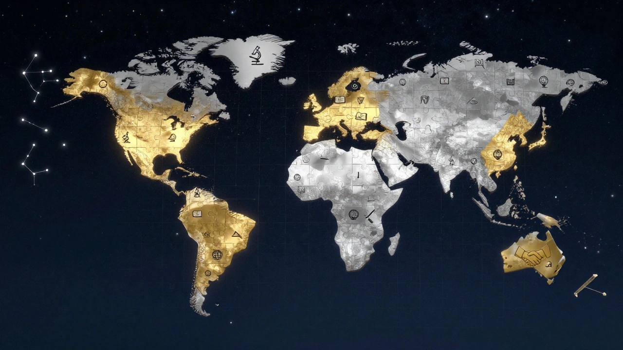 A globe made of interconnected puzzle pieces representing facts, opinions, and debunked claims in a digital mosaic.