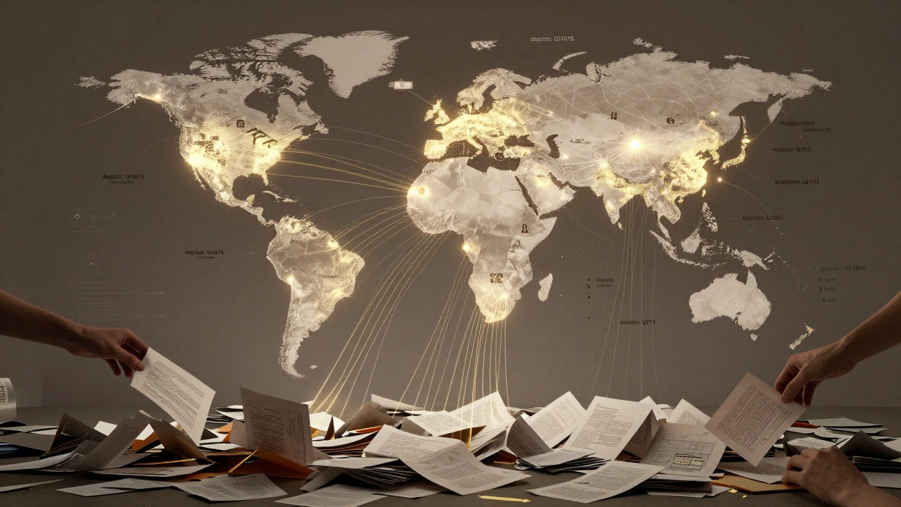 A globe made of linked data nodes shows media files being organized and distributed globally through structured metadata.