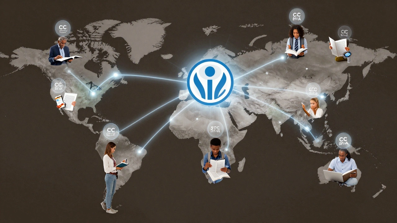 A glowing global map showing Wikipedia knowledge sharing across schools, museums, and devices worldwide.