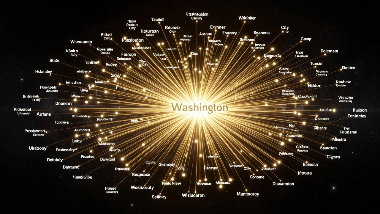 A glowing network centered on a disambiguation page, showing millions of user clicks radiating outward.