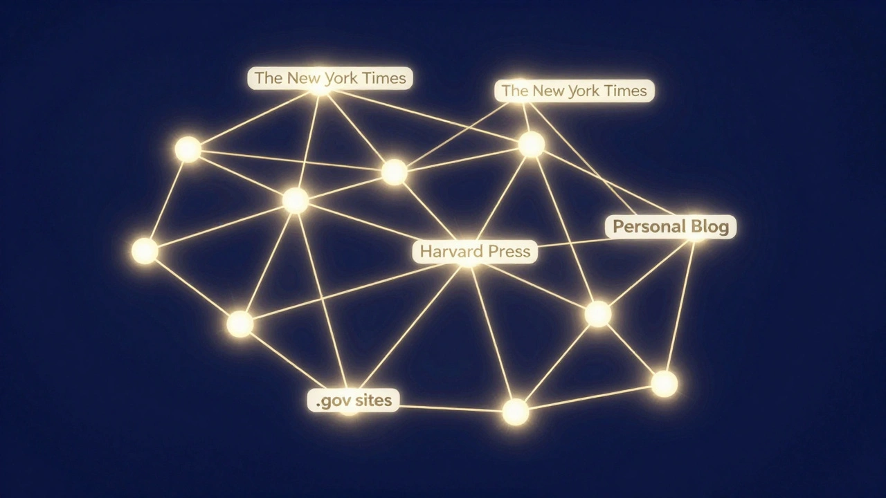 A glowing network of trusted sources connected by light, with a flickering isolated personal blog node.
