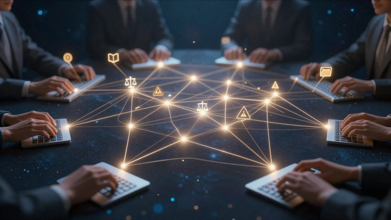 A glowing neural network of hands and icons representing Wikipedia's consensus-based editing system.